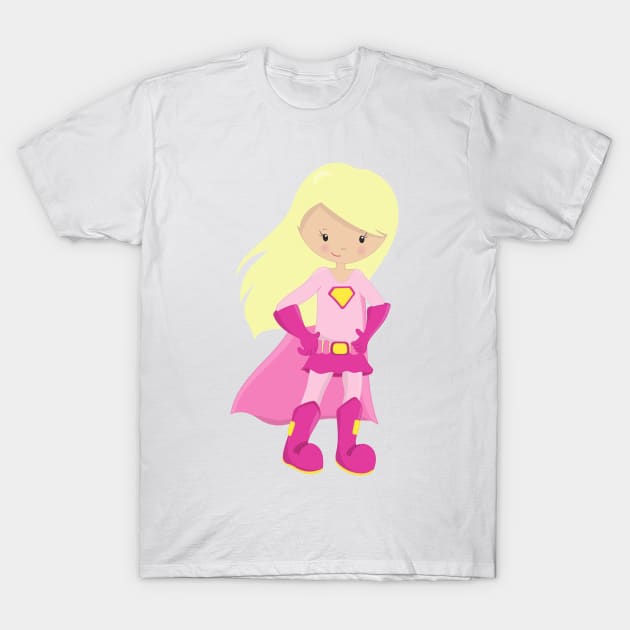 Superhero Girl, Blonde Hair, Cute Girl, Pink Cape T-Shirt by Jelena Dunčević